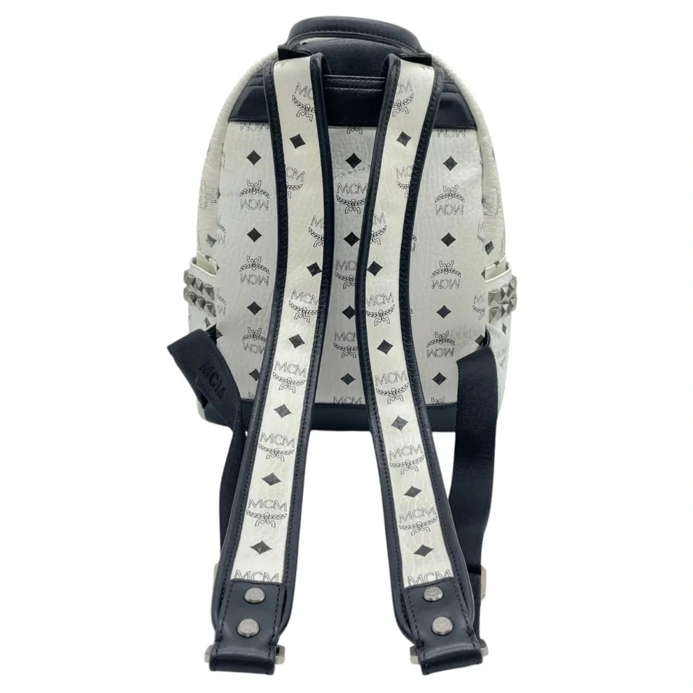 Authentic MCM Visetos Pattern White Leather Studded Backpack medium size